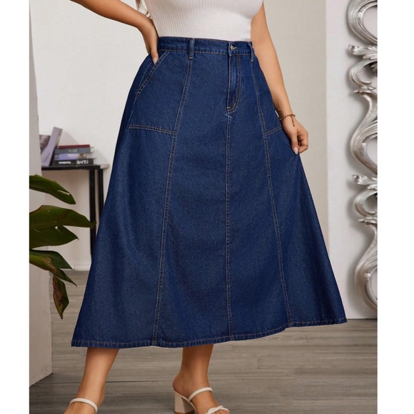 Plus Solid Pockets Minimalist Denim Jeans Midi Skirt - Picture 8 of 8